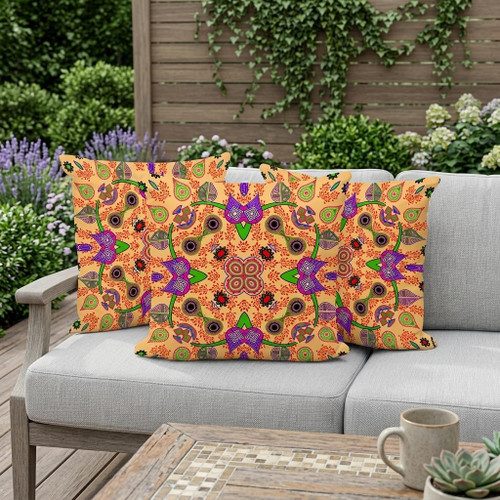 Set of Three Beige Purple And Green Paisley Indoor Outdoor Throw Pillow