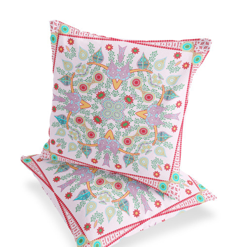 Set of Two White Pink And Red Botanical Indoor Outdoor Throw Pillow