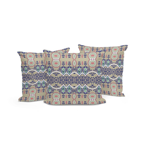 Set of Three Beige Blue And White Botanical Indoor Outdoor Throw Pillow