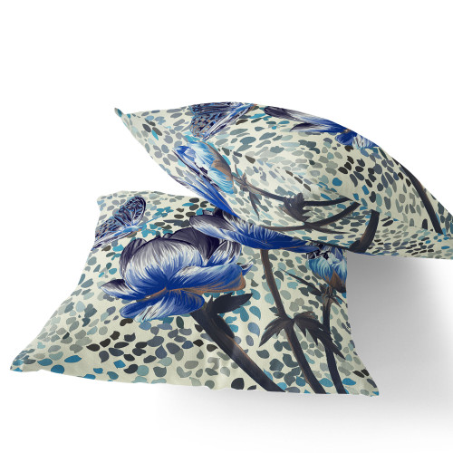 Set of Two Indigo Blue And Dark Green Floral Indoor Outdoor Throw Pillow