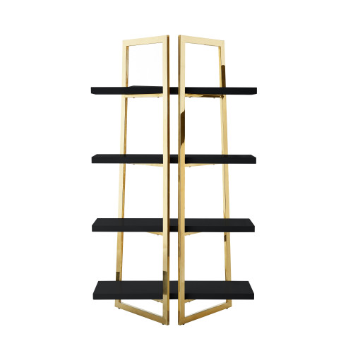 69" Black Stainless Steel and Wood Four Tier Etagere Bookcase