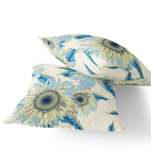 Set of Two Beige Yellow Blue And Off White Sunflower Indoor Outdoor Throw Pillow