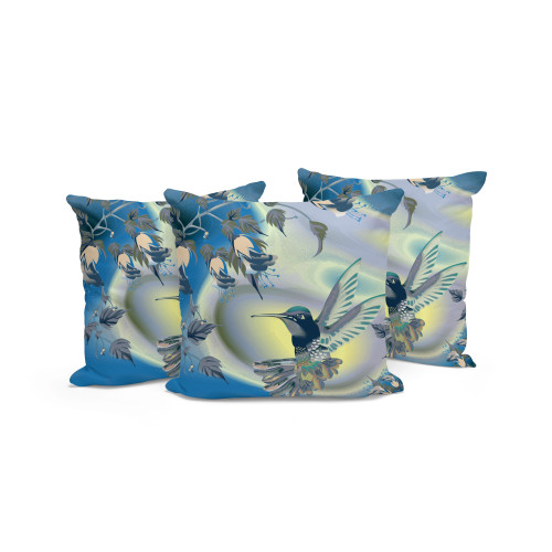 Set of Three Blue Yellow And Charcoal Bird Indoor Outdoor Throw Pillow