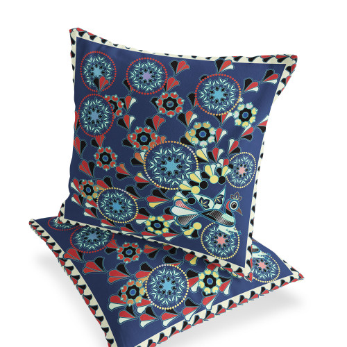 Set of Two Blue Red And Off White Peacock Floral Indoor Outdoor Throw Pillow