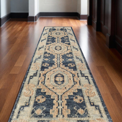 14' Blue and Ivory Wool Geometric Hand Knotted Runner Rug With Fringe