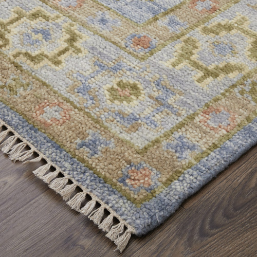 3' X 5' Green Blue and Yellow Wool Geometric Hand Knotted Area Rug With Fringe