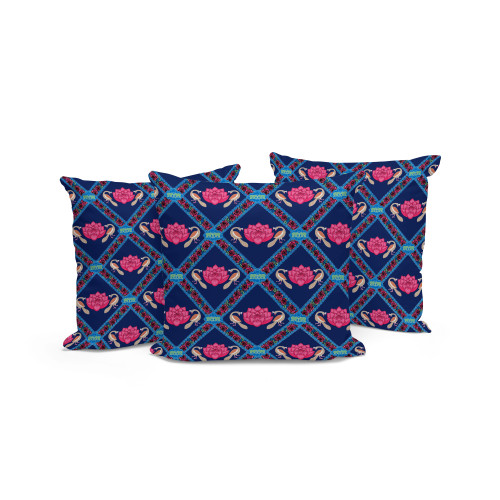 Set of Three Indigo And Pink Floral Indoor Outdoor Throw Pillow