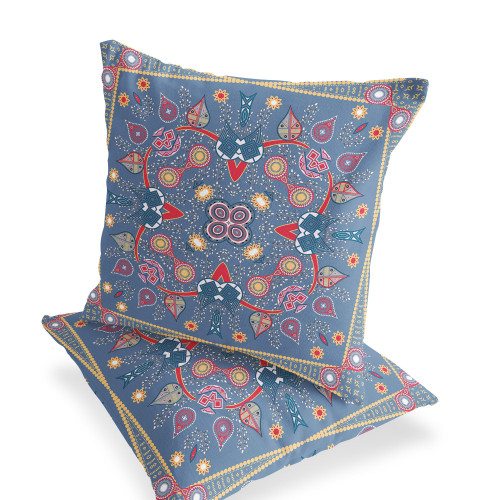 Set of Two Purple Blue Red And Gold Botanical Indoor Outdoor Throw Pillow