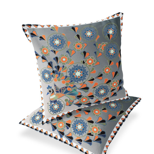 Set of Two Gray Orange And White Peacock Floral Indoor Outdoor Throw Pillow