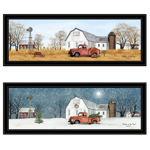 Homeroots Set of Two Billy Jacobs Seasonal Autumn or Winter Black Framed Print Wall Art, Black Frame, Set of Two