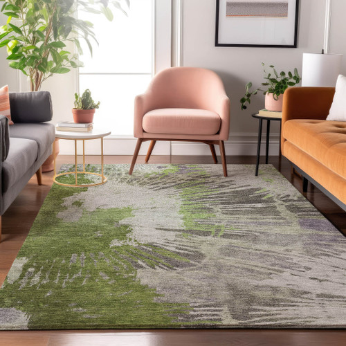 5' X 8' Olive Green Ivory And Gray Abstract Washable Area Rug With UV Protection