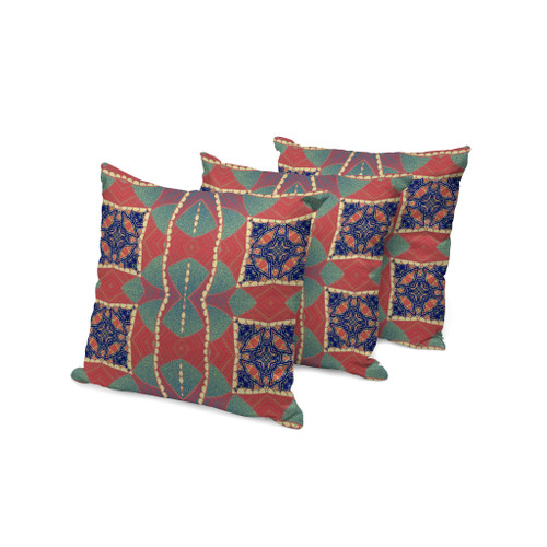 Set of Three Red Orange And Indigo Abstract Indoor Outdoor Throw Pillow