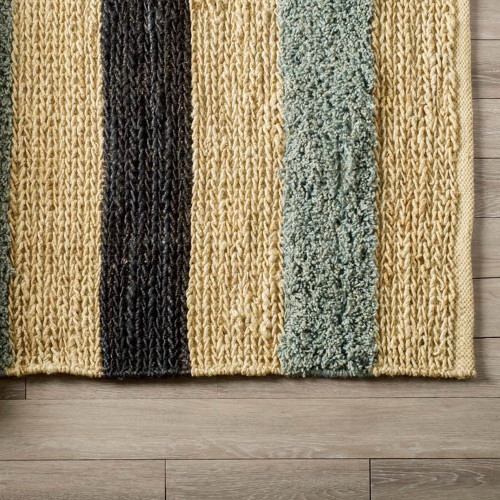 8' X 10' Black And Tan Jute Striped Hand Woven Area Rug