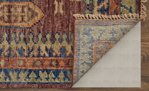 3' X 5' Blue Red and Tan Wool Geometric Hand Knotted Area Rug With Fringe
