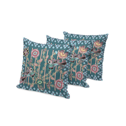 Set of Three Dark Green Aqua And Pink Peacock Indoor Outdoor Throw Pillow