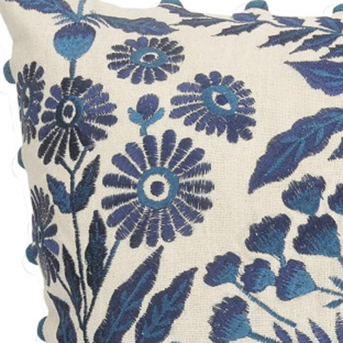 20" White And Navy Blue Floral Cotton Throw Pillow