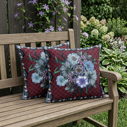 Set of Two Red And Gray Floral Indoor Outdoor Throw Pillow