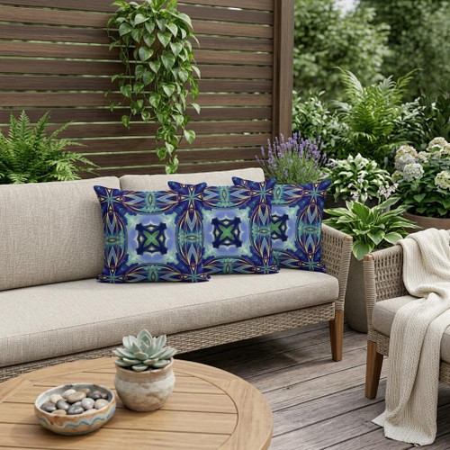Set of Three Blue And Light Blue Floral Indoor Outdoor Throw Pillow