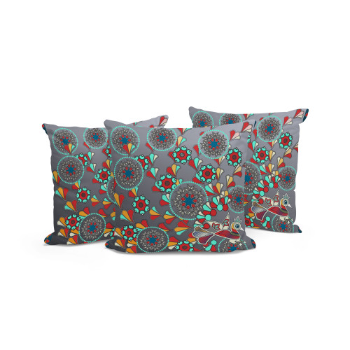 Set of Three Gray Red Blue And Yellow Peacock Floral Indoor Outdoor Throw Pillow