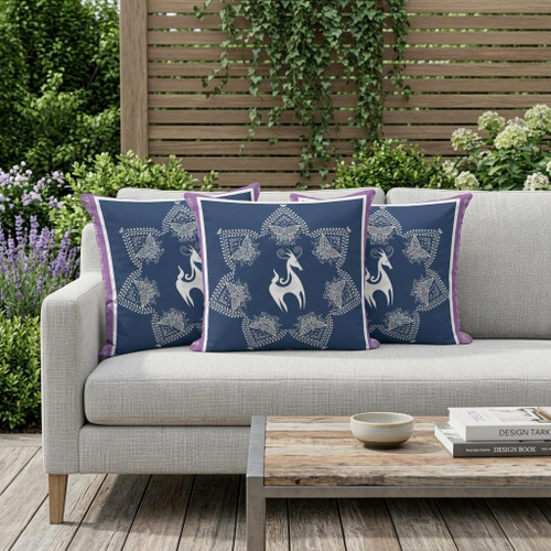 Set of Three Blue And White Horse Indoor Outdoor Throw Pillow