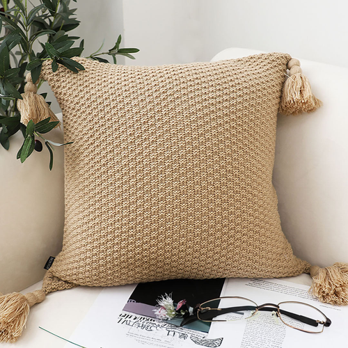 Light Brown Pillow with Tassel Accents, Rizzy Transitional Cover Throw Pillow