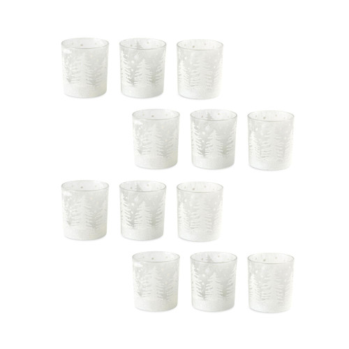 Set of Twelve White Distressed Abstract Glass Tabletop Hurricane Candle Holders