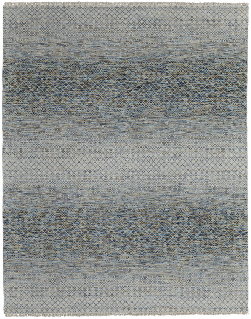 6' X 9' Ivory Blue and Brown Wool Hand Knotted Area Rug With Fringe