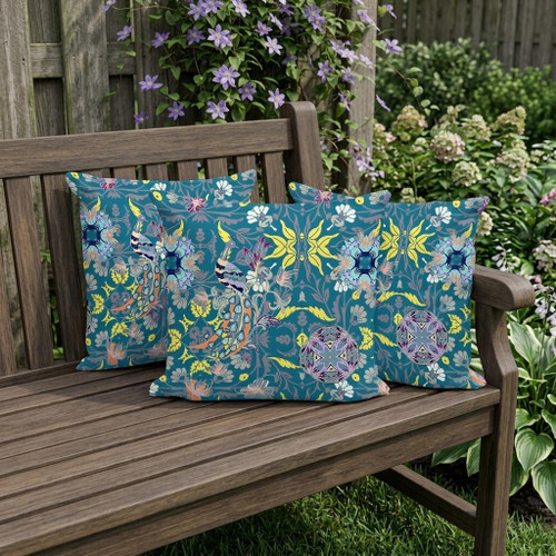 Set of Three Green And Yellow Peacock Indoor Outdoor Throw Pillow