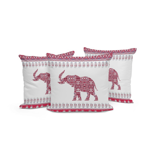 Set of Three Red And Off White Elephant Paisley Indoor Outdoor Throw Pillow