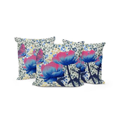 Set of Three Pink Blue And Cream Floral Indoor Outdoor Throw Pillow