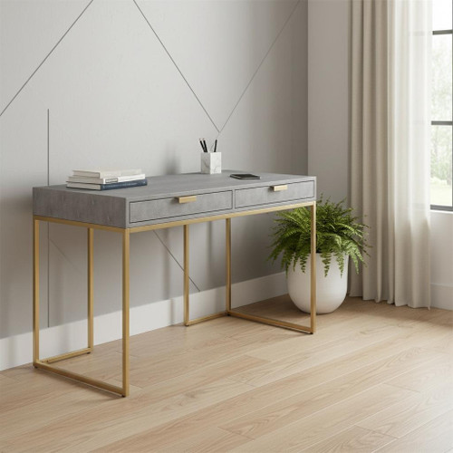 45" Gray and Gold Wood and Stainless Steel Writing Desk With Two Drawers
