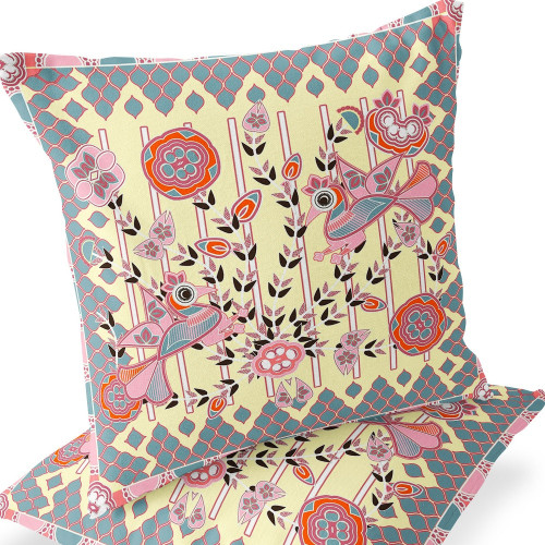 Set of Two Yellow Pink Orange And Gray Peacock Indoor Outdoor Throw Pillow