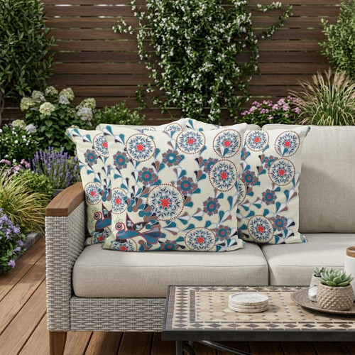 Set of Three Off White And Brown Peacock Floral Indoor Outdoor Throw Pillow