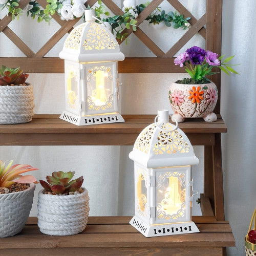 Set of Two 8" White Metal And Glass Pierced Scrollwork Lantern Lamps
