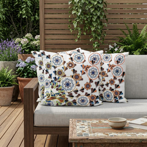 Set of Three Off White Blue And Brown Peacock Floral Indoor Outdoor Throw Pillow