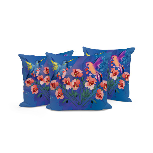 Set of Three Blue Pink And Gray Bird Indoor Outdoor Throw Pillow
