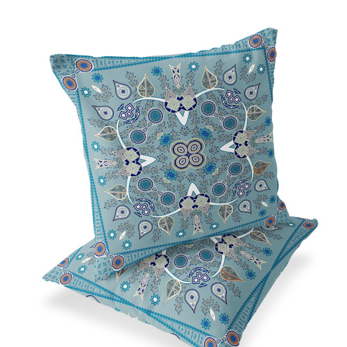 Set of Two Blue Beige And White Botanical Indoor Outdoor Throw Pillow