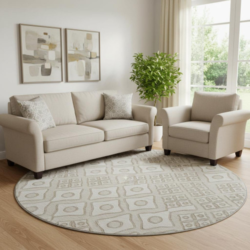 8' Beige And Ivory Geometric Washable Round Rug With UV Protection