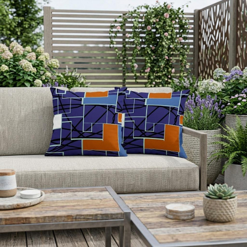 Set of Two Navy Blue Red Blue And White Geometric Indoor Outdoor Throw Pillow