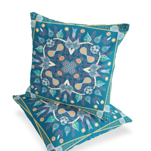 Set of Two Aqua Blue Pink And Yellow Botanical Indoor Outdoor Throw Pillow