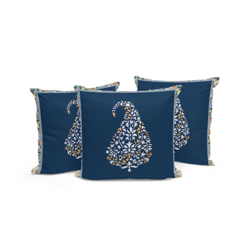 Set of Three White Orange And Navy Blue Botanical Indoor Outdoor Throw Pillow