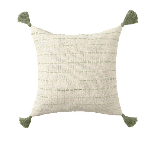 20" Sage And Ivory Striped Cotton Blend Throw Pillow with Fringe