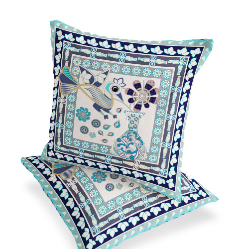 Set of Two Beige And Black Peacock Indoor Outdoor Throw Pillow