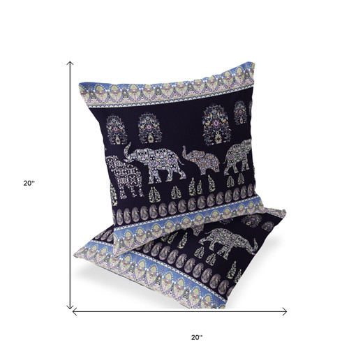 Set of Two Purple And Sky Blue Elephant Paisley Indoor Outdoor Throw Pillow