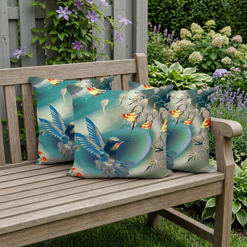 Set of Three Turquoise Blue And Yellow Bird Indoor Outdoor Throw Pillow
