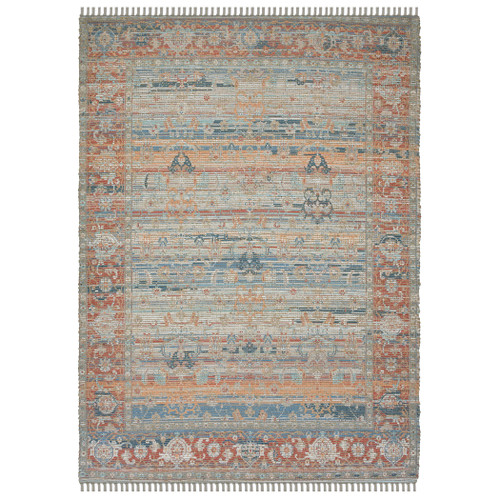 8' X 10' Blue Brick Red And Ivory Oriental Hand Woven Area Rug With Fringe