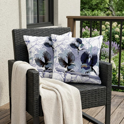 Set of Two Black And White Bird Indoor Outdoor Throw Pillow
