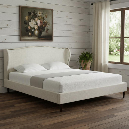 Cream Linen Upholstered King Bed Frame With Nailhead Trim