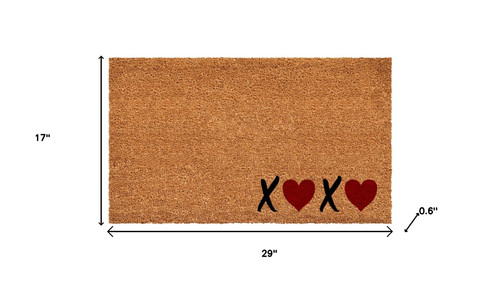 17" X 29" Black Brown And Red Heart XOXO Outdoor Coir Door Mat