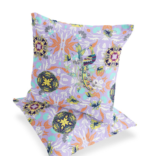 Set of Two Purple And Yellow Peacock Indoor Outdoor Throw Pillow